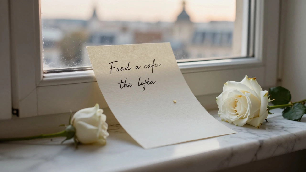 A handwritten note and white rose rest on a marble windowsill overlooking Paris at dawn.