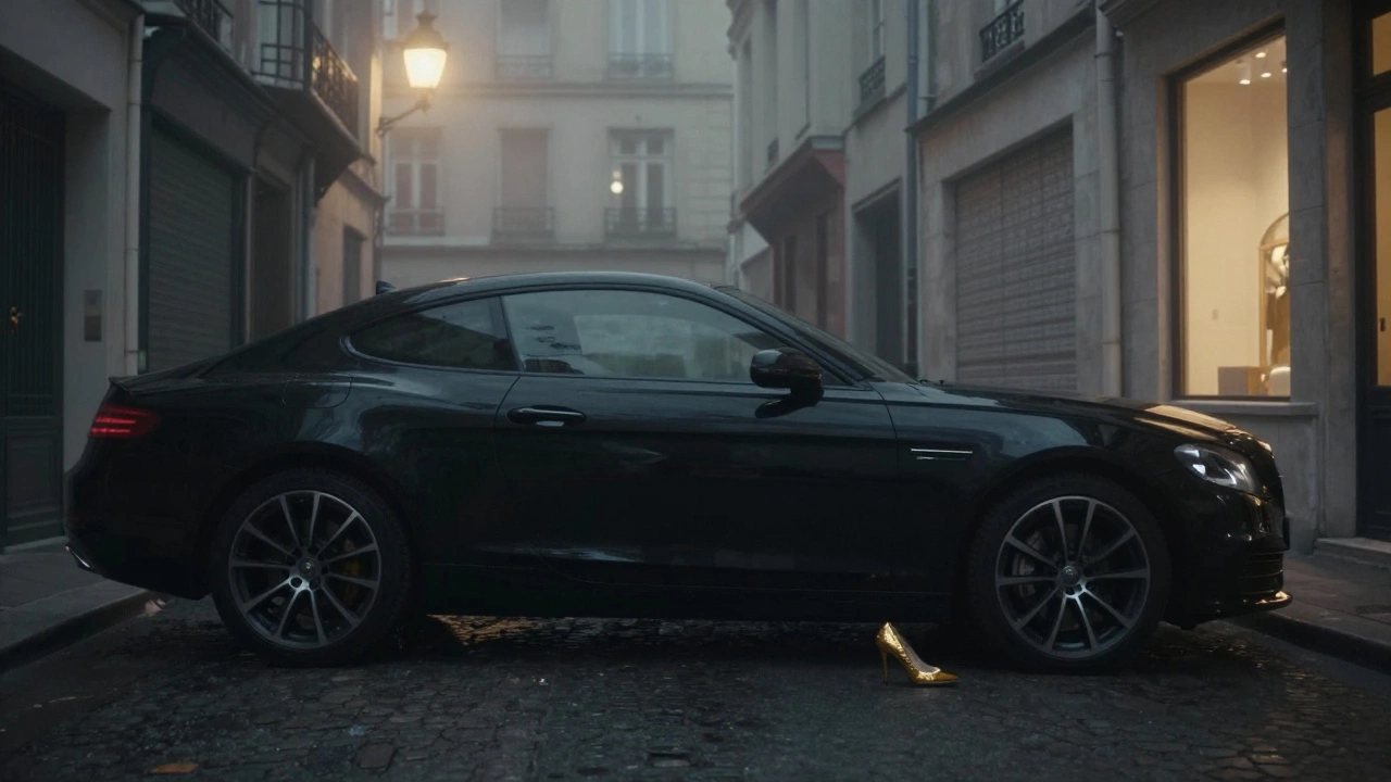 A luxury car waits in a misty Paris alley, a single high heel on the pavement.